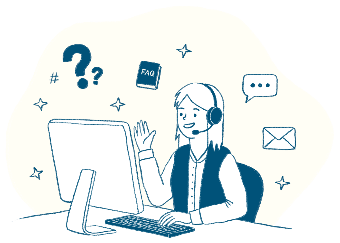 Ein Support-Mitarbeiter sitz an PC mit Headset und beantwortet die Fragen der Buchliebhaber:innen.